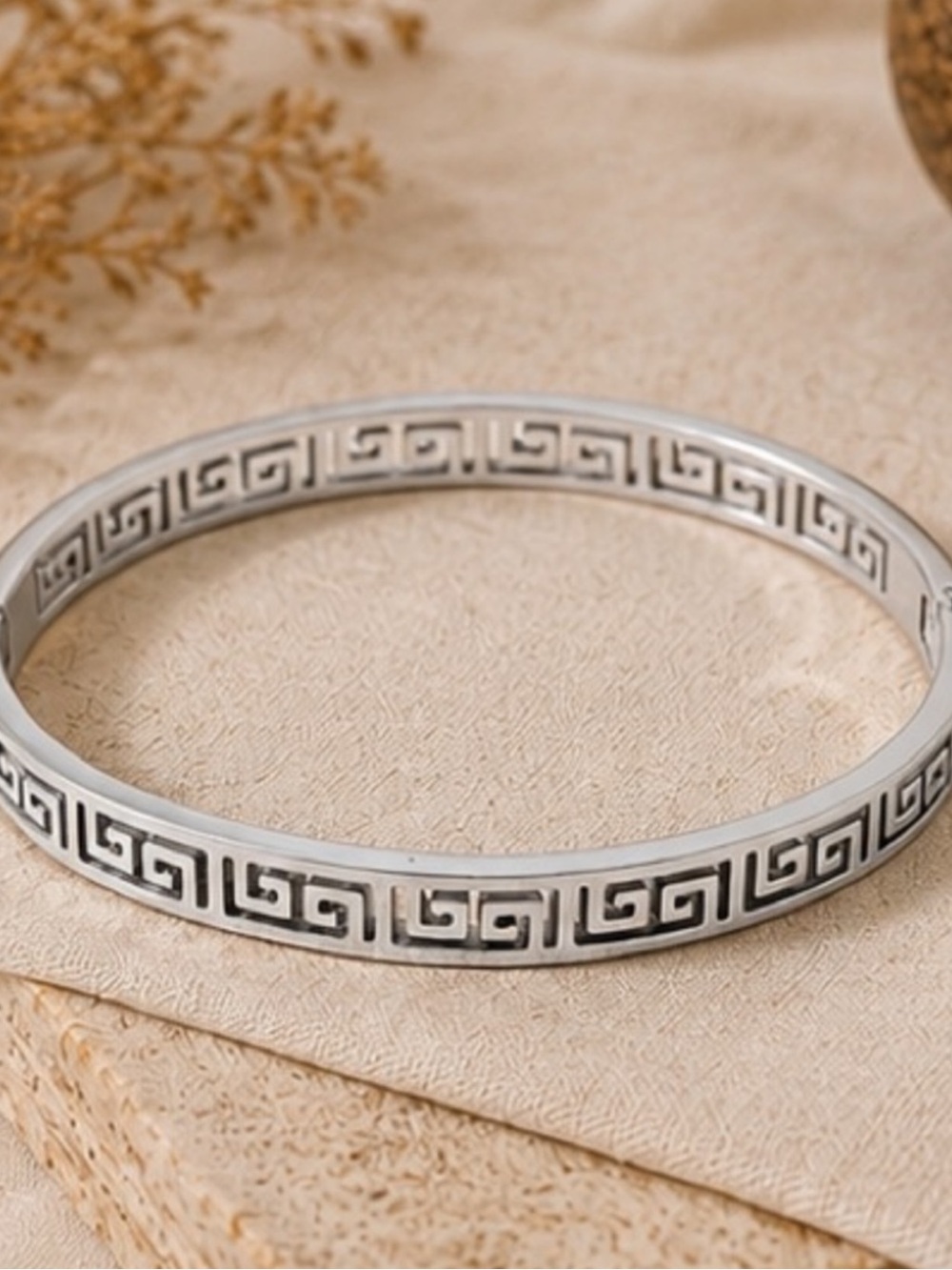 Designer Inspired Greek Key Silver Hinge Bangle Waterproof